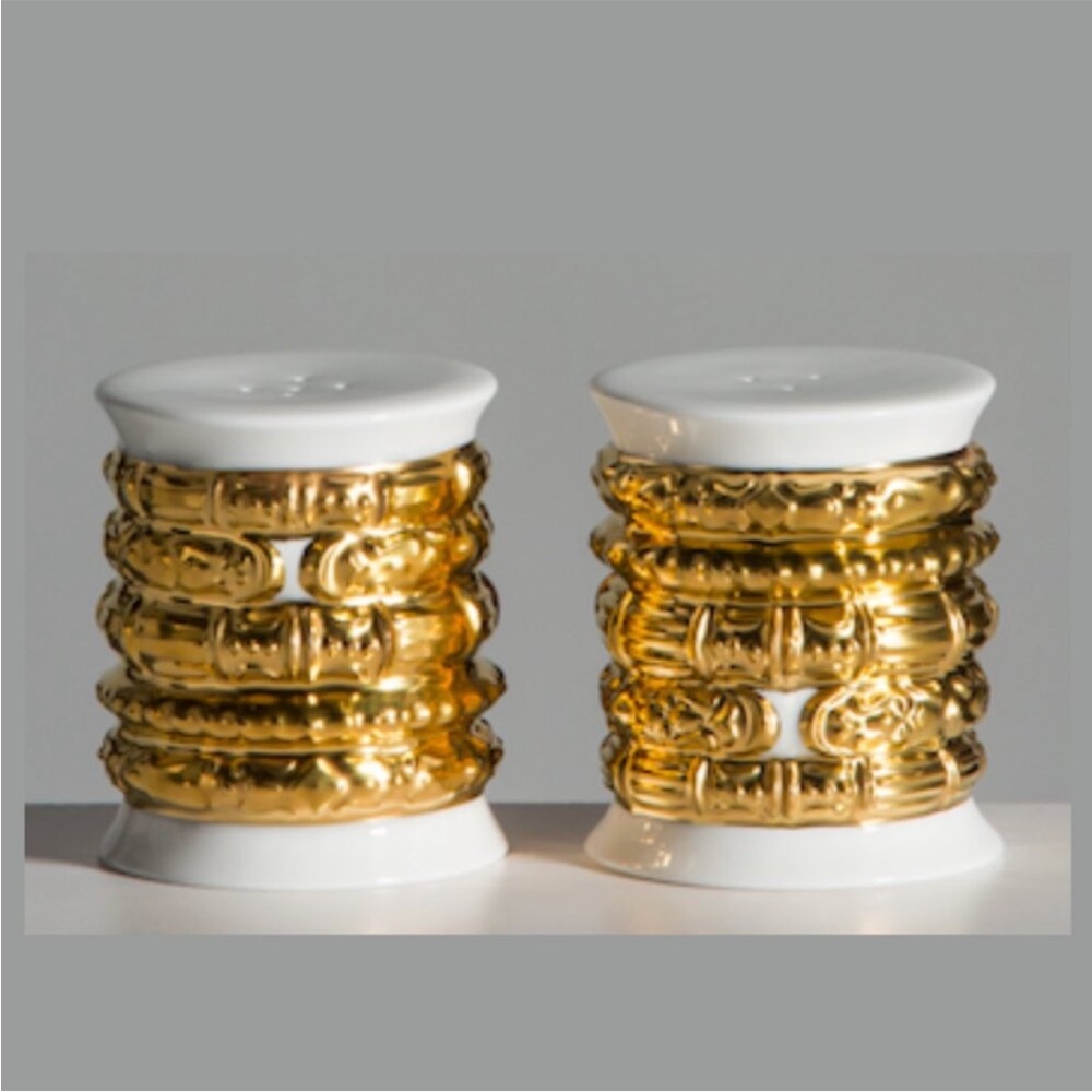 Katy Briscoe Salt Pepper Set 24K Gold Plated Porcelain NEW